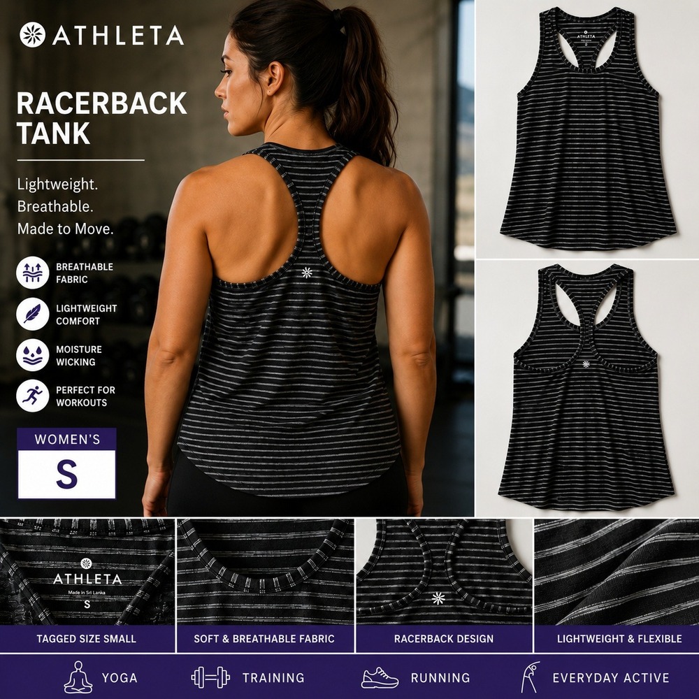Athleta Womens Racerback Tank Top Black Grey Striped Yoga Activewear Size S